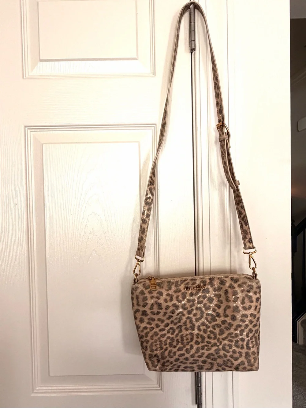 Steve Madden Leopard-Print Crossbody Bag in Beige and Black with Gold Hardware